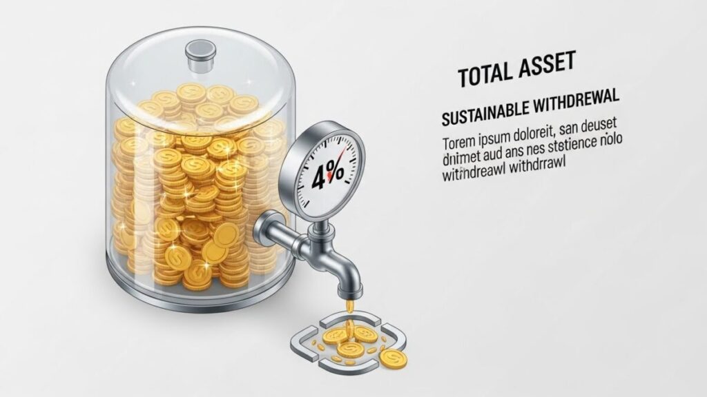 「ほったらかし投資の終わり方「4%ルール」の賢い使い方」をテーマにした挿絵。資産のタンクから蛇口で一定量（4%）をコントロールして取り崩す仕組みの概念図。