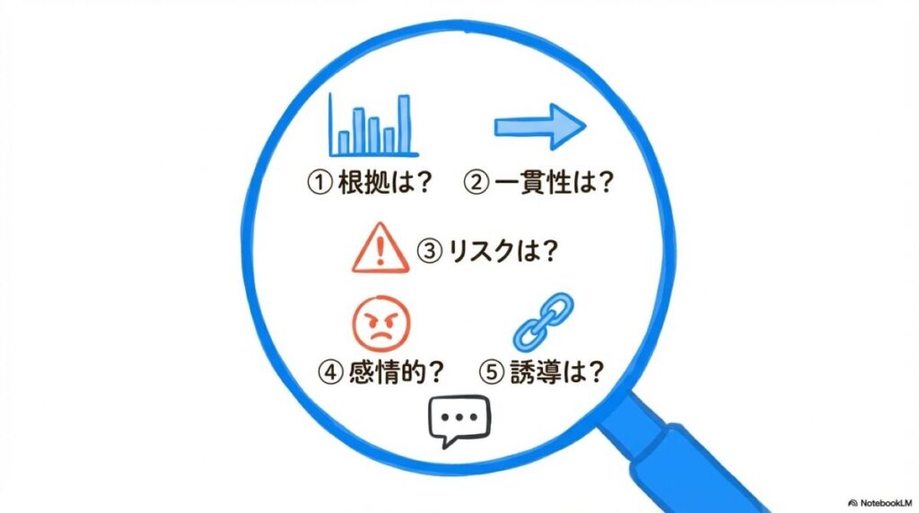 「匿名掲示板の「嘘」やポジショントークを見抜くための情報リテラシー」をテーマにした挿絵。派手な「利益報告」の裏にあるアフィリエイトや承認欲求の影を見抜き、客観的なデータというフィルターで情報を濾過（ろか）する様子を表現しています,。