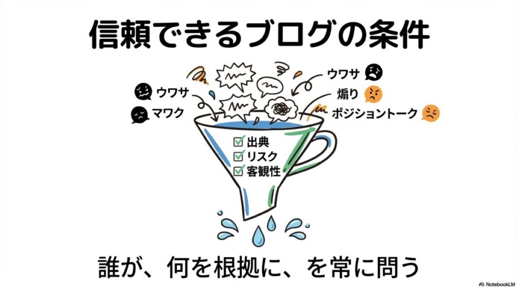 「ブログで公開される「ポートフォリオ」はどこまで参考になるのか？」をテーマにした挿絵。ブログに公開された円グラフを鏡に見立て、それが実は運営者の年齢やリスク許容度を映したものであることを示唆しています。公開されているポートフォリオを単に模倣するのではなく、その背景にある投資哲学を学ぶ重要性を視覚的に伝えています。