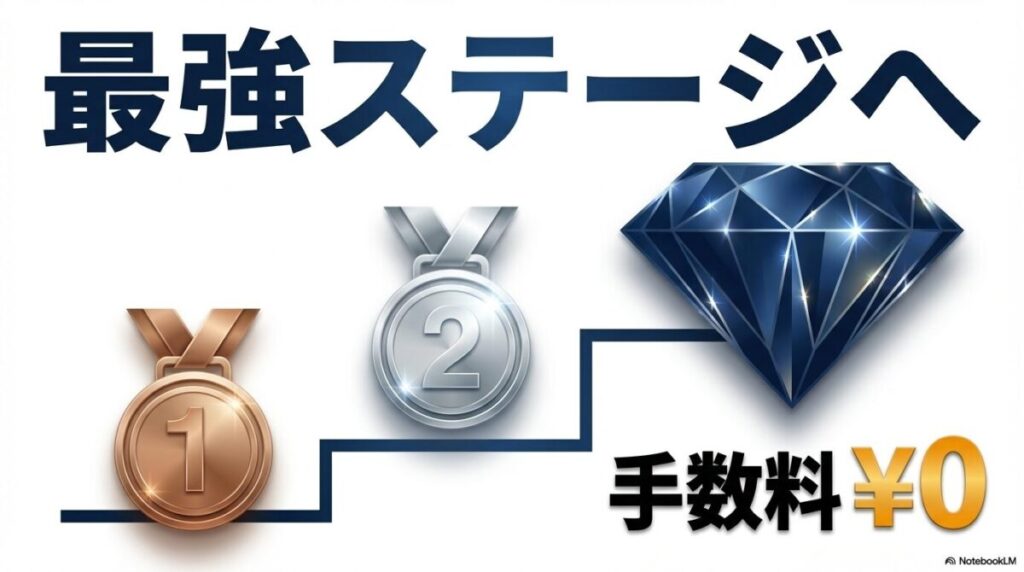 「【完全攻略】ステップアッププログラムで手数料を0円にする方法」をテーマにした挿絵。スタンダードからダイヤモンドまでステップが描かれたピラミッドの上部に「ダイヤモンド」のマークがあり、その横でATM手数料や振込手数料が「0円」と表示されている様子。