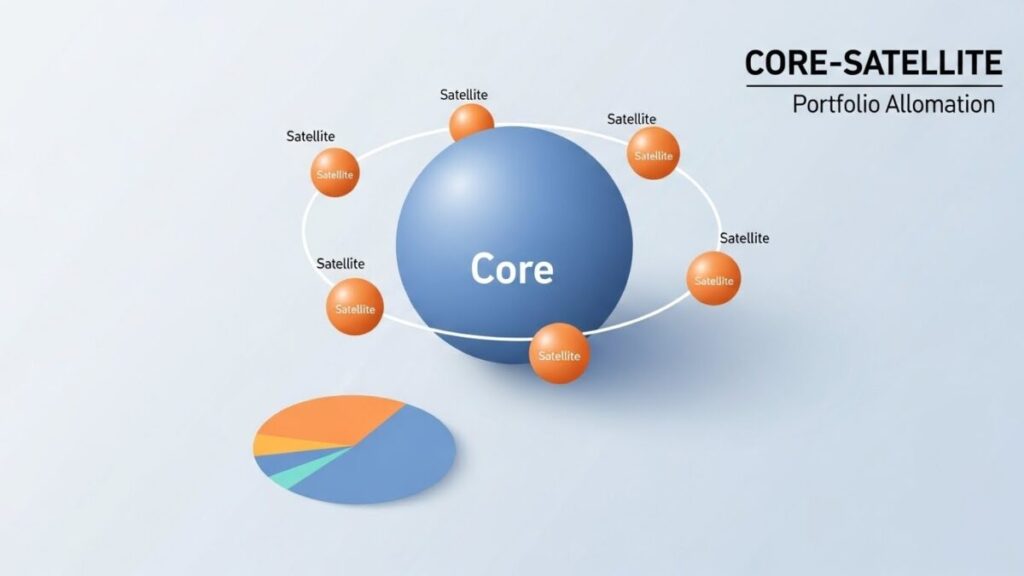 「ほったらかし投資の成功率を99%に高めるポートフォリオ戦略」をテーマにした挿絵。中心にあるコア資産と周辺のサテライト資産を組み合わせた、安定感のある構造図。