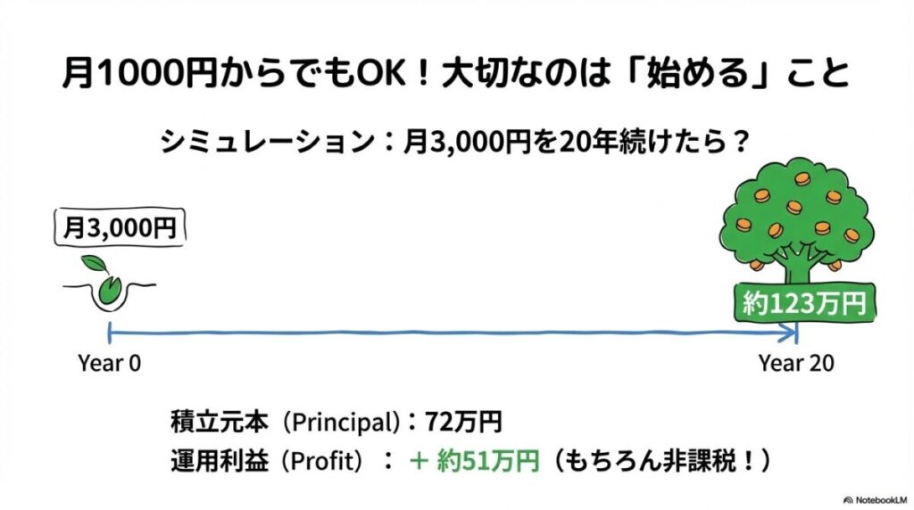 「月1000円からでもOK！少額から始める積立投資シミュレーション」をテーマにした挿絵。小さな1,000円札の苗木が、20年という時間をかけて大きな金のなる木へと成長していく「複利の効果」をシミュレーション。少額からでも時間を味方につけるメリットを強調している。