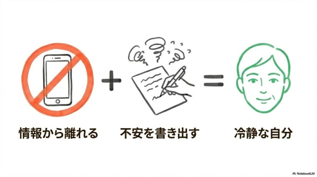 「ネガティブな口コミに疲れた時のメンタル管理術」をテーマにした挿絵。スマートフォンを置いて静かな空間で深呼吸する「デジタル・デトックス」と、不安を紙に書き出して「見える化」し、心の平穏を取り戻すプロセスを描いています,。