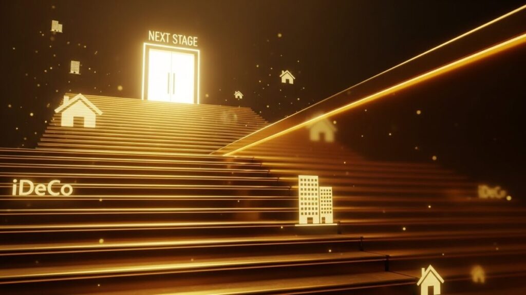 「1800万円の枠を埋めた後、どうする？」をテーマにした挿絵。一つのゴールを達成した後、さらに次のステージへと続く階段や扉の抽象的なイメージ。