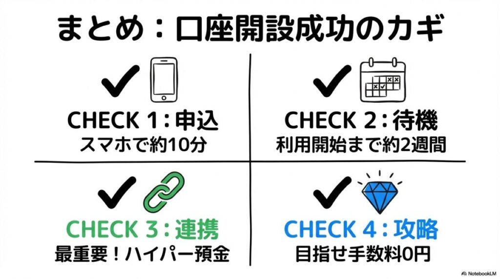 「まとめ:SBI新生銀行の口座開設は、簡単3ステップと連携設定がカギ」をテーマにした挿絵。3つのステップ(スマホ申込、本人確認、カード受取)と、ハイパー預金連携を示すアイコンが並べられ、全体を「カギ」の形でまとめているイラスト。