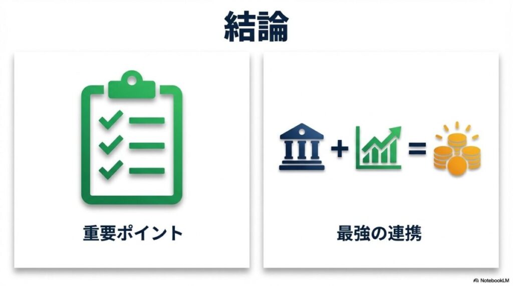 「まとめ:SBI新生銀行の口座開設は、簡単3ステップと連携設定がカギ」をテーマにした挿絵。3つのステップ(スマホ申込、本人確認、カード受取)と、ハイパー預金連携を示すアイコンが並べられ、全体を「カギ」の形でまとめているイラスト。