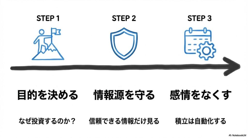 「SNSの情報に振り回されず、自分だけの投資方針を守るための心得」をテーマにした挿絵。周囲の喧騒をよそに、自分の「投資目的」と「リスク許容度」という確固たる航海図を手に、自動積立という安定した船で進む投資家を表現しています,。