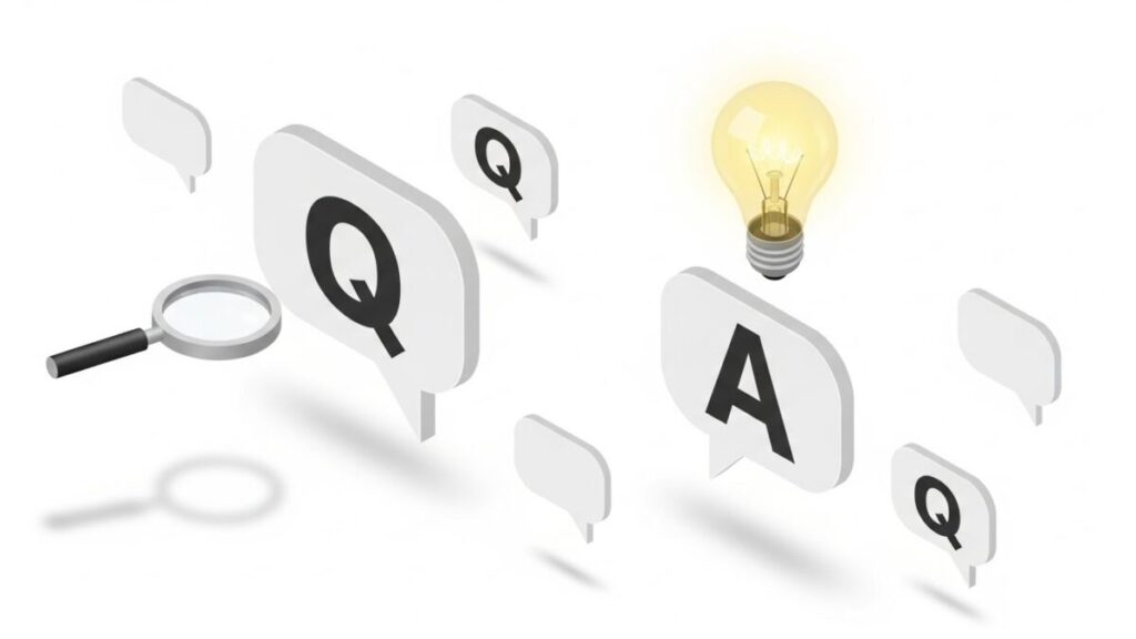 「新NISAのほったらかし投資に関するよくある質問（FAQ）」をテーマにした挿絵。疑問（Q）と解決（A）を象徴する、シンプルでポップな3Dアイコンの集合。