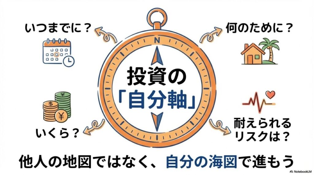「他人の成績に惑わされない！自分だけの「新NISA目標設定」と投資哲学」をテーマにした挿絵。他人の進む道とは別に、自分自身の「ライフプラン」という海図と「リスク許容度」というコンパスを持って、独自の投資の航海へと出発する投資家の姿を表現しています。短期的なノイズから距離を置き、長期的な目標を見据える投資哲学を象徴しています。
