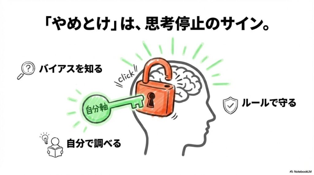 「まとめ：知恵袋の「新NISAやめとけ」は思考停止のサイン」をテーマにした挿絵。ネットの「ノイズ」を遮断し、自分自身の投資哲学という方位磁石を再確認して、長期的な資産形成のゴールへと迷いなく歩み出す姿を表現しています,。