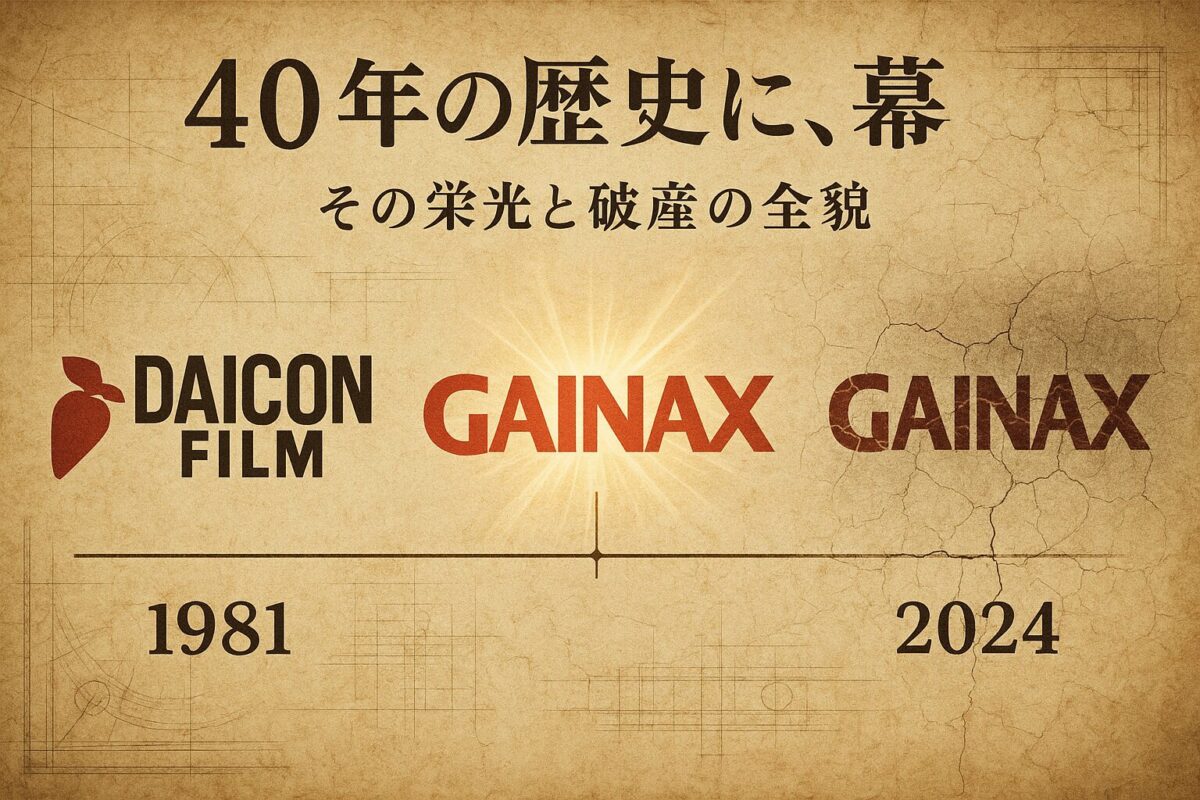 左から右へ、DAICON FILMから全盛期、そしてひび割れたガイナックスのロゴが並ぶ歴史的なタイムライン。この記事のテーマである「ガイナックス 破産」の約40年にわたる全貌を象徴する一枚。