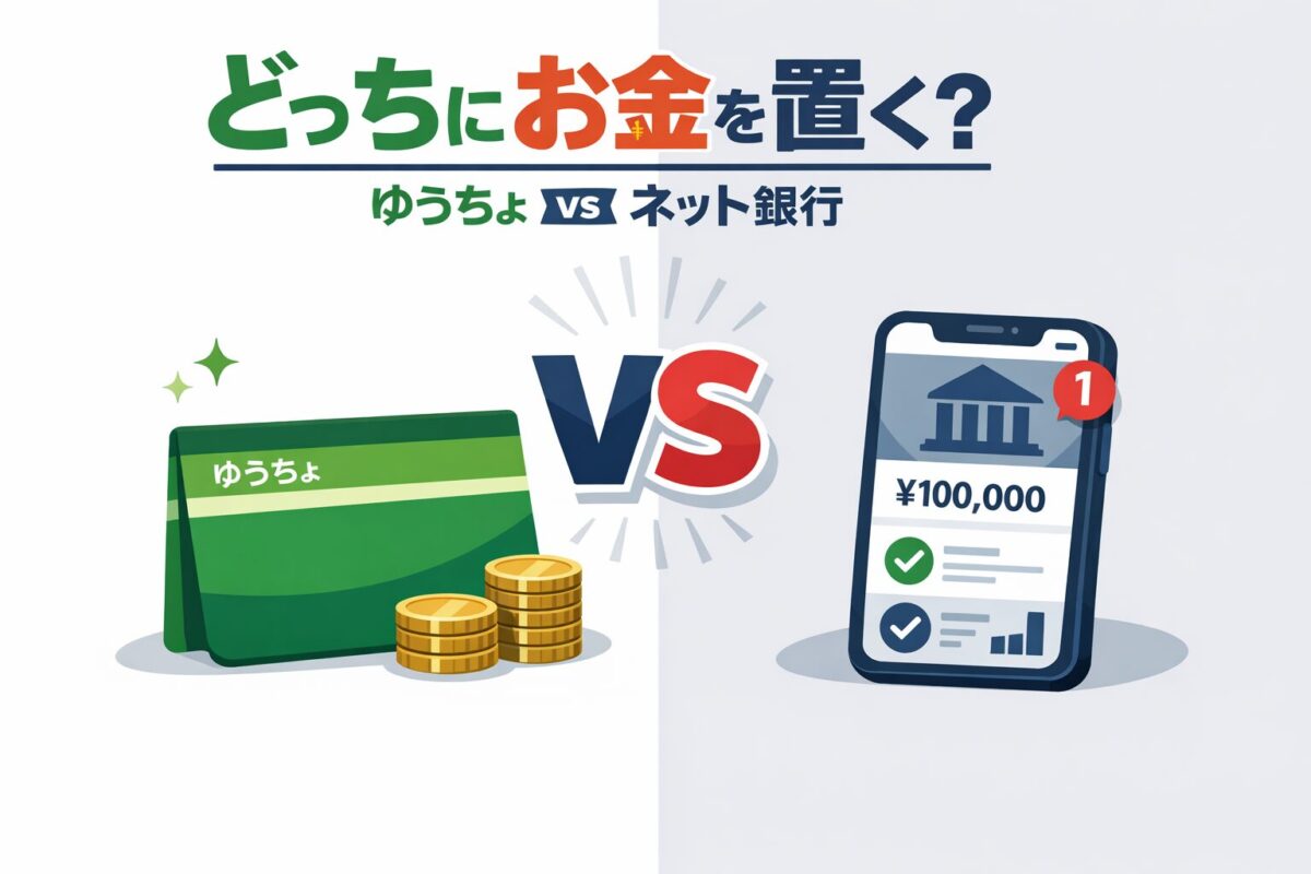 ゆうちょ銀行の通帳とネット銀行のアプリ画面を対比させたイラスト。金利引き上げ局面において、手軽なゆうちょと高金利なネット銀行のどちらを選ぶべきかを比較解説する一枚。