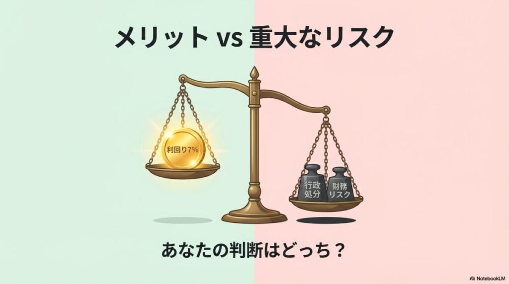 「高利回り」と「リスク」を比較する天秤のイラスト。「みんなで大家さんは大丈夫？」という問いに対し、投資のメリットとデメリットを天秤にかけて判断することの重要性を示す記事のテーマを象g徴する一枚。