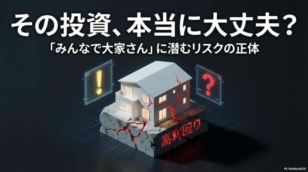 土台に亀裂が入った家の警告イラスト。「みんなで大家さんは大丈夫？」という記事のテーマを象徴し、高利回りの裏に潜むリスクを警告する一枚。