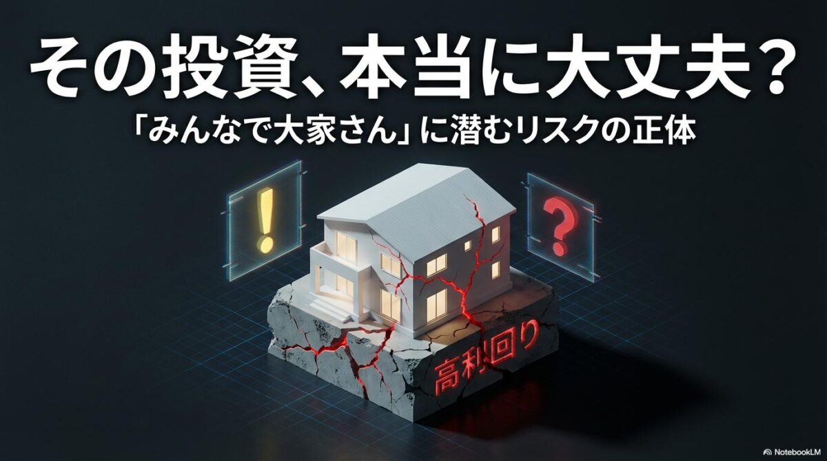 土台に亀裂が入った家の警告イラスト。「みんなで大家さんは大丈夫？」という記事のテーマを象徴し、高利回りの裏に潜むリスクを警告する一枚。