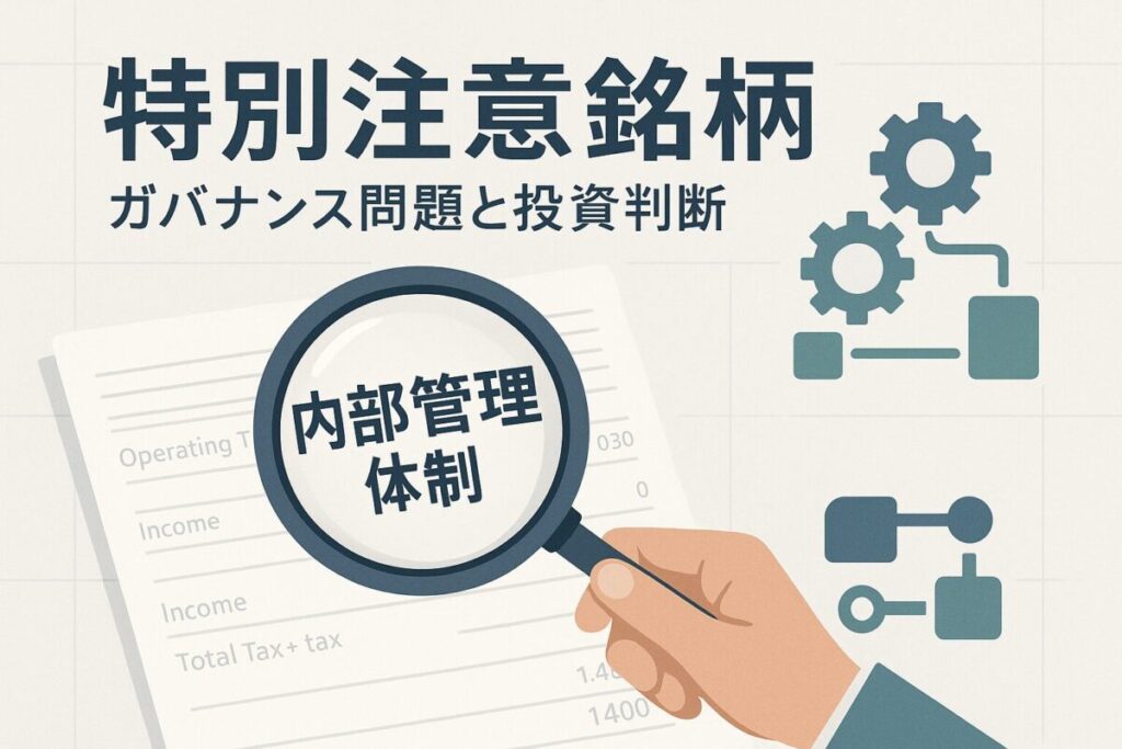 企業の財務諸表を背景に、虫眼鏡で内部管理体制を拡大する手、または歯車とブロックのアイコンでガバナンスを表す。この記事のテーマである「ピクセルカンパニーズ 特別注意銘柄」を象徴する一枚。