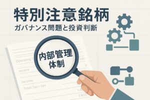 企業の財務諸表を背景に、虫眼鏡で内部管理体制を拡大する手、または歯車とブロックのアイコンでガバナンスを表す。この記事のテーマである「ピクセルカンパニーズ 特別注意銘柄」を象徴する一枚。