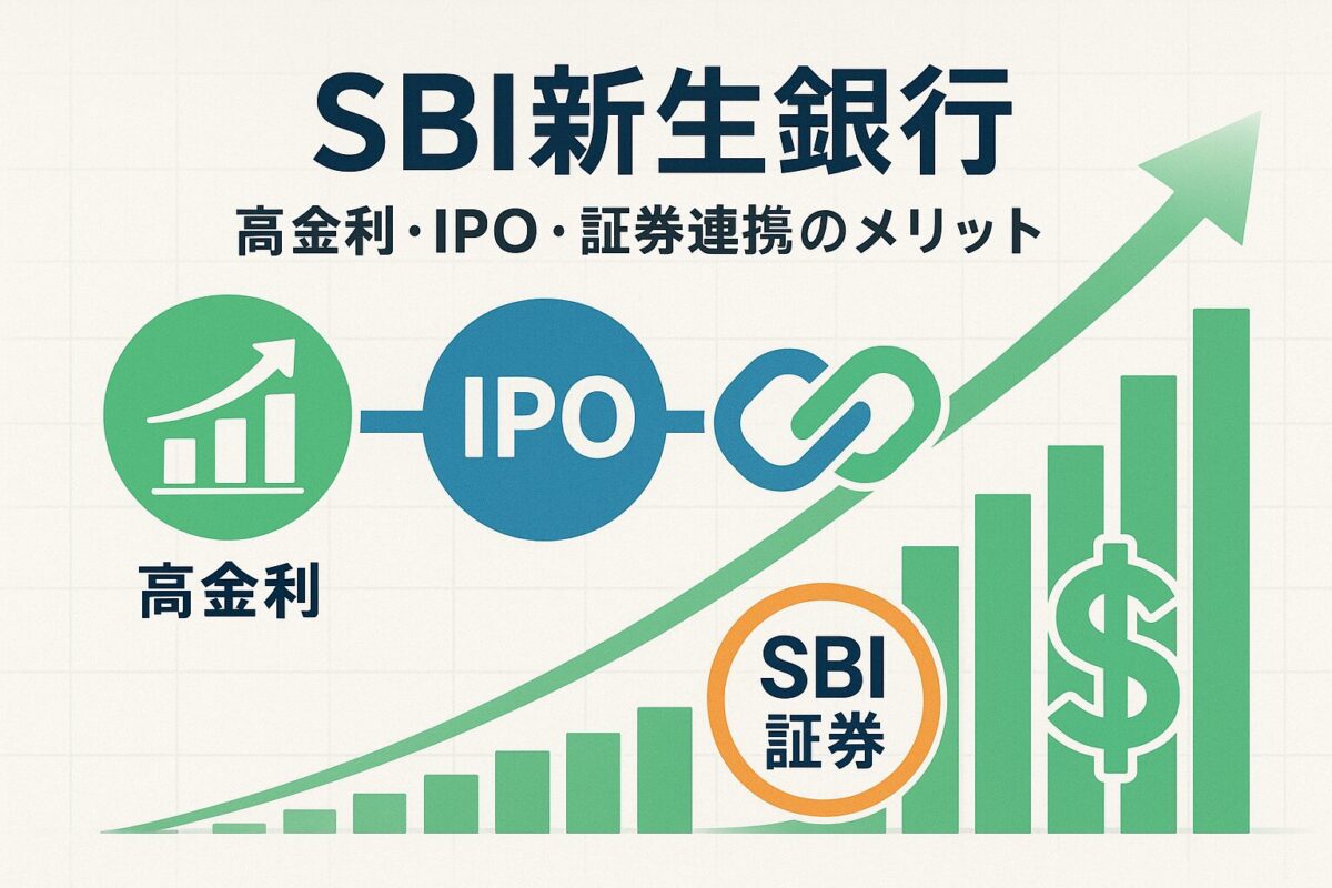 SBI新生銀行のロゴとともに、高金利・IPO・証券連携のメリットを象徴するアイコンやグラフ。この記事のテーマであるSBI新生銀行のメリットを分かりやすく示す一枚。