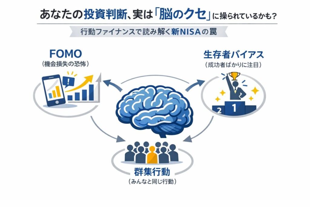 人間の脳の周りに行動ファイナンスのキーワードが配置された図解イラスト。この記事のテーマである「新nisa ブログ」の情報を行動ファイナンスの観点から解説することを象徴する一枚。