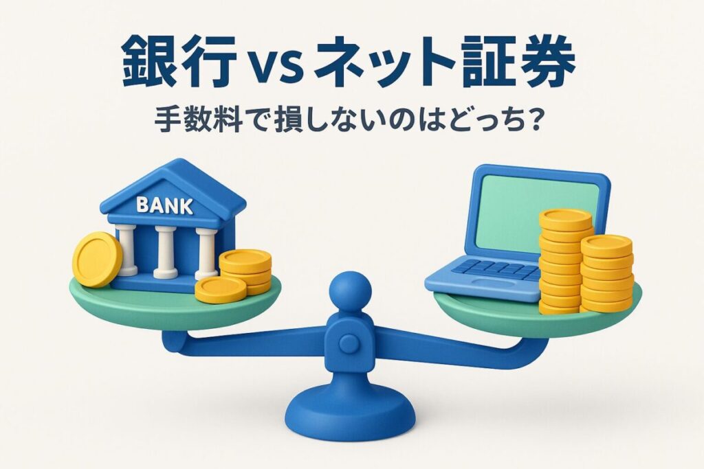 銀行とネット証券を比較する天秤のイラスト。この記事のテーマである「新nisa 銀行 証券会社」の選択において、手数料やリターンの観点からどちらが有利かを象徴する一枚。