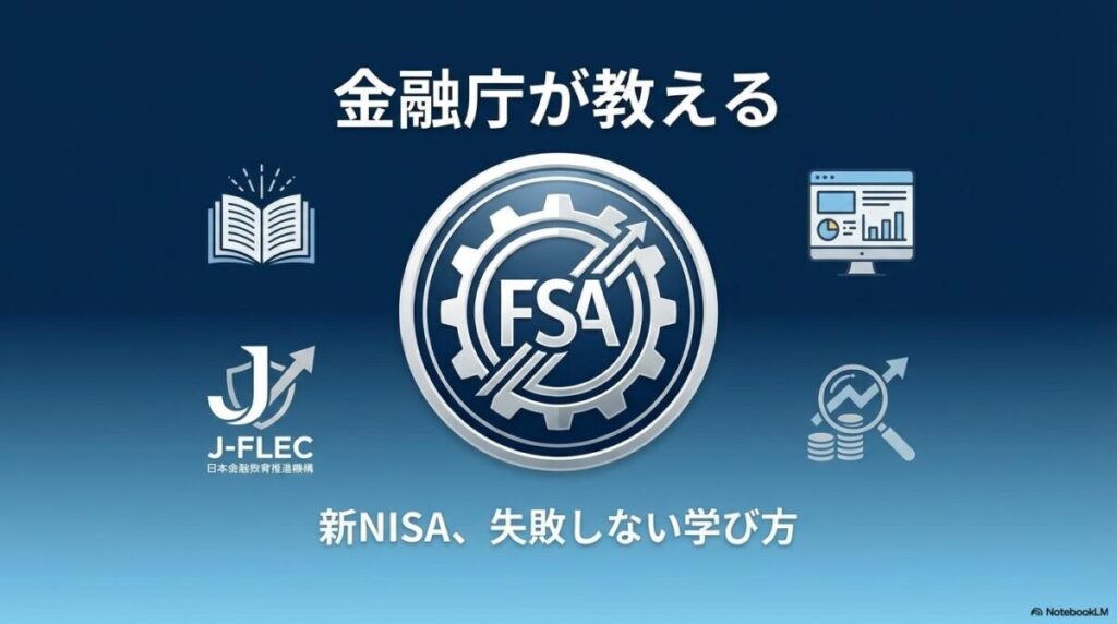 金融庁のロゴを中心に、書籍やJ-FLECのアイコンが配置されたフラットデザインの画像。この記事のテーマである「新nisa 勉強 方法」における公的機関の権威性と安心感を象徴する一枚。