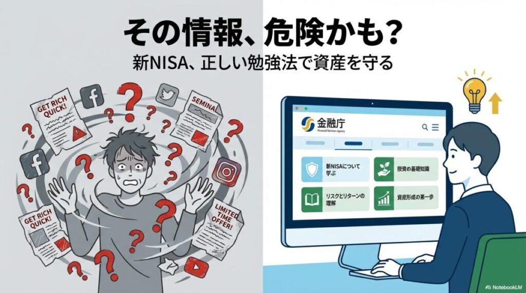 情報過多で困惑する人物と、金融庁のウェブサイトを見て安心する人物を左右に配置した画像。この記事のテーマである「新nisa 勉強 方法」における情報の危険性と正しい解決策を象徴する一枚。