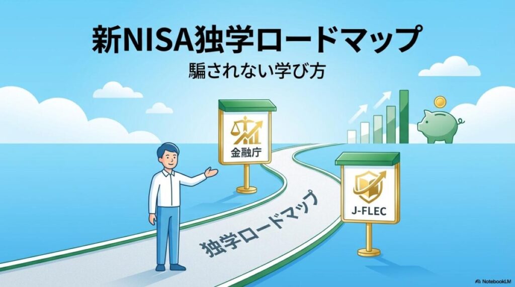 知識ゼロの人物が、金融庁とJ-FLECの道標に沿って新NISAの独学ロードマップを進む様子を描いた画像。この記事のテーマである「新nisa 勉強 方法」を象徴する一枚。
