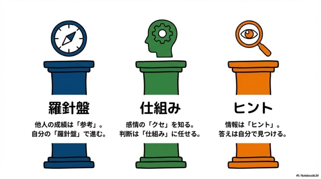 「まとめ：新NISAブログと賢く付き合い、長期的な資産形成を成功させるために」をテーマにした挿絵。情報リテラシーという眼鏡をかけ、自分軸の投資戦略を記したノートを携えた投資家が、情報社会の荒波の中でもブレずに歩み続ける姿を表現しています。自分自身の羅針盤を確立し、長期的な資産形成のゴールへと向かう決意を描いています。