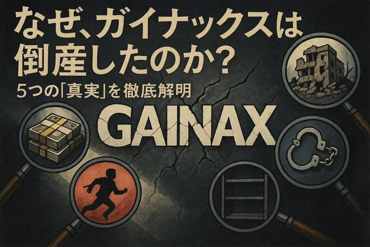 ひび割れたガイナックスロゴと、その周りに「札束」「手錠」「飛び立つ人」などを描いた5つの小窓が配されたイラスト。この記事のテーマである「ガイナックス 倒産 なぜ」という疑問を解明する様子を象徴する一枚。