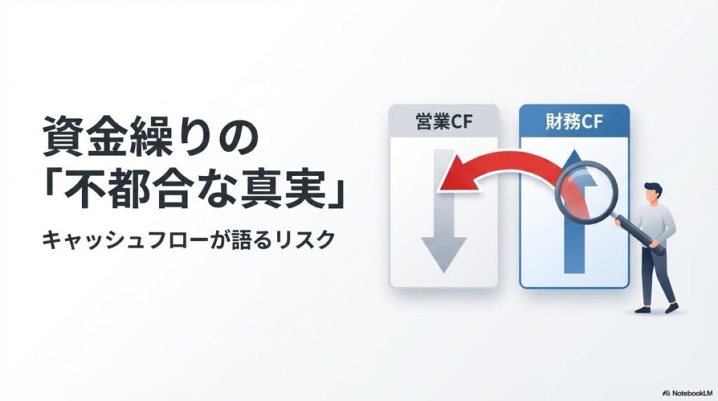 キャッシュフロー計算書の危険なパターンを指し示す人物のイラスト。「みんなで大家さんとポンジスキーム」の関係を財務分析の観点から解説する記事のテーマを示す一枚。