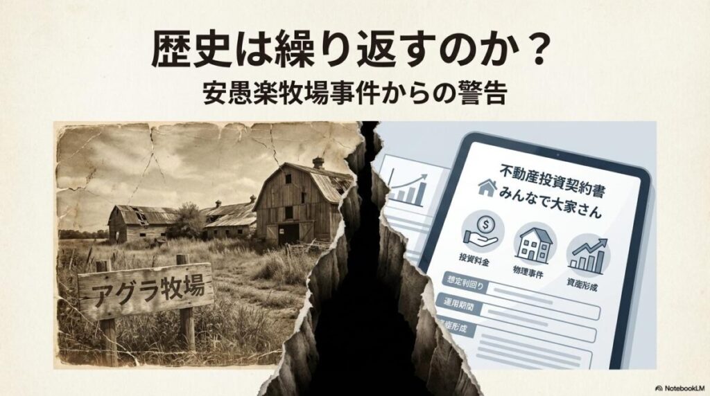 安愚楽牧場の古い写真と現代の契約書が並び、間に亀裂が入ったイラスト。「みんなで大家さんとポンジスキーム」の疑惑を、過去の類似事件の教訓から考察する記事のテーマを象徴する一枚。
