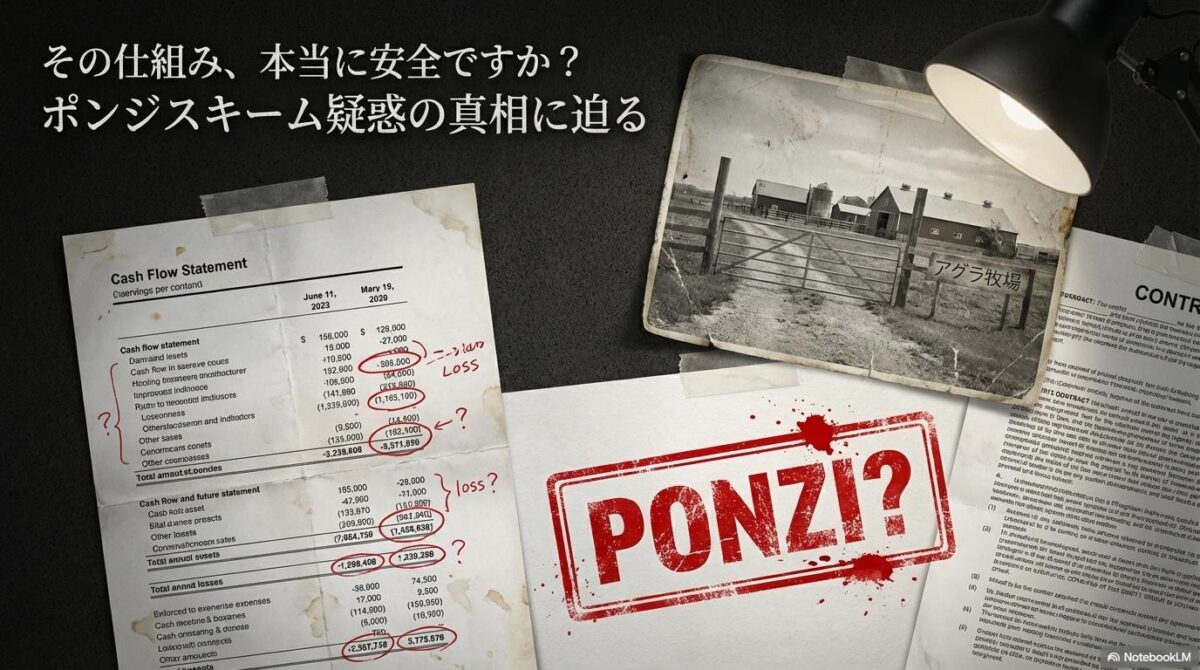 グラフや書類のコラージュに「PONZI?」の文字が押された画像。「みんなで大家さんはポンジスキームか」という記事のテーマを象徴し、疑惑の真相に迫る調査報道のイメージを伝える一枚。