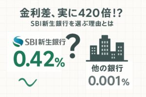 SBI新生銀行と他の銀行の金利差を比較するインフォグラフィック。この記事のテーマである「sbi新生銀行 金利」の優位性について、具体的な数値を交えて解説していることを象-徴する一枚。