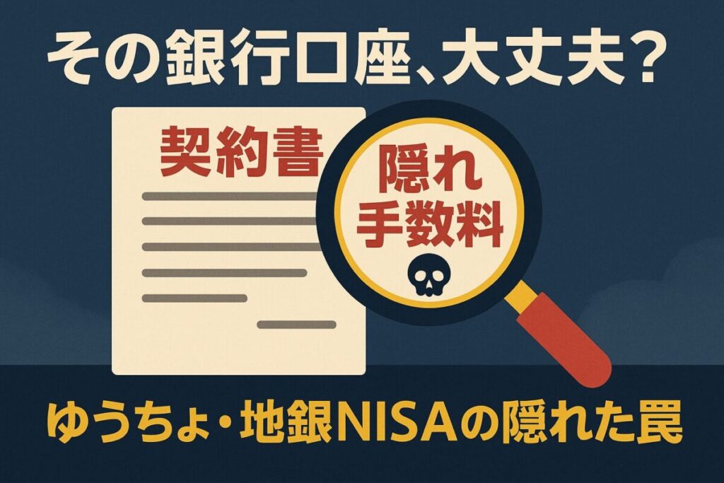 虫眼鏡で契約書の「隠れ手数料」という文字を拡大しているイラスト。この記事のテーマである「新nisa ゆうちょ デメリット」という隠れたリスクを象徴する一枚。