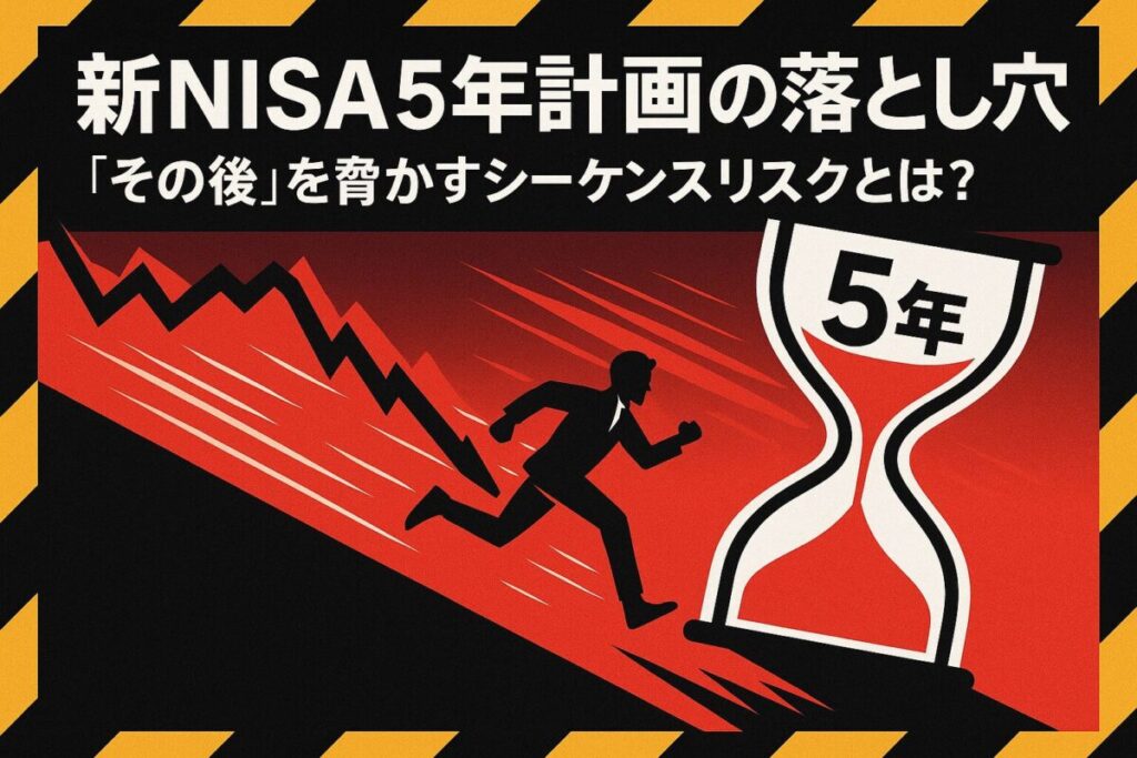 新NISAを5年で使い切る戦略に潜むシーケンス・オブ・リターンズ・リスクを象徴する、急勾配の坂を駆け上がる人物と暴落グラフのイラスト。この記事のテーマである「新nisa 5年で使い切る その後」に潜むリスクへの注意喚起を伝える一枚。