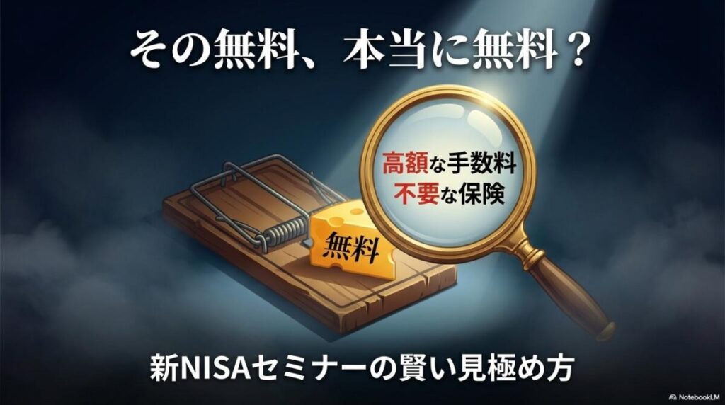 「無料」と書かれたチーズが置かれた罠を虫眼鏡で覗き込む人物のイラスト。「新nisa 無料セミナー sbi」に潜むリスクと、それを見抜く方法という記事のテーマを象徴する一枚。