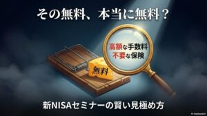 「無料」と書かれたチーズが置かれた罠を虫眼鏡で覗き込む人物のイラスト。「新nisa 無料セミナー sbi」に潜むリスクと、それを見抜く方法という記事のテーマを象徴する一枚。