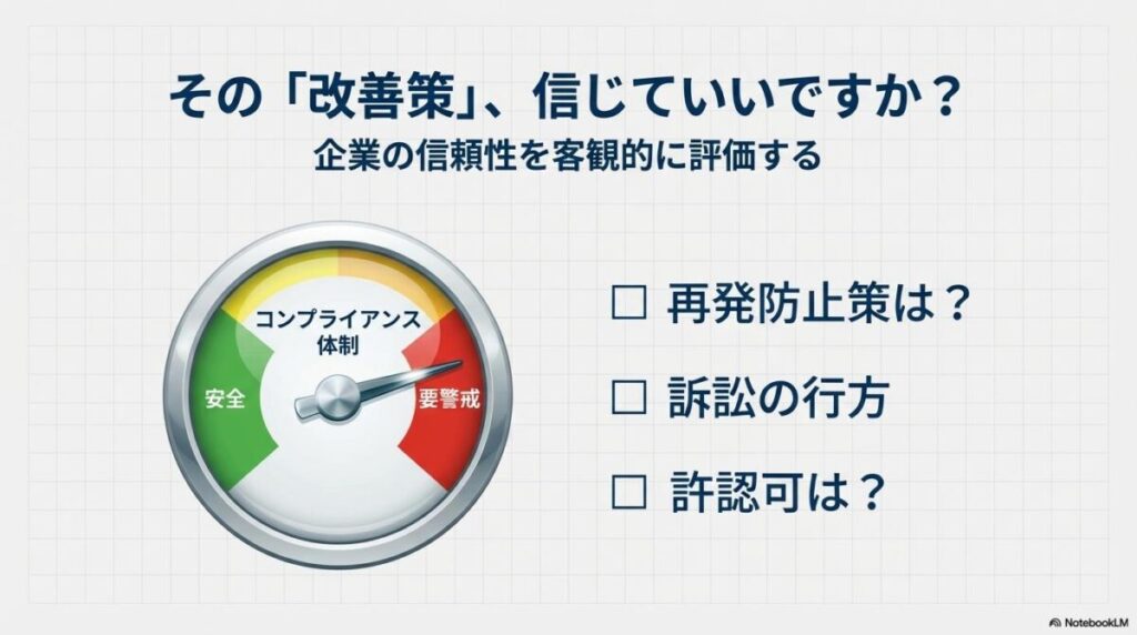 コンプライアンスの評価メーターが「要警戒」を指しているイラスト。「みんなで大家さんの行政処分」を受け、企業の信頼性をどう客観的に評価すべきかを解説する記事のテーマを象徴する一枚。
