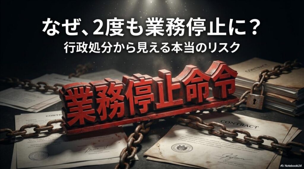 「業務停止命令」と書かれた赤いスタンプが押されたイラスト。「みんなで大家さんの行政処分」という記事のテーマを象徴し、その深刻さと背景にある問題を伝える一枚。