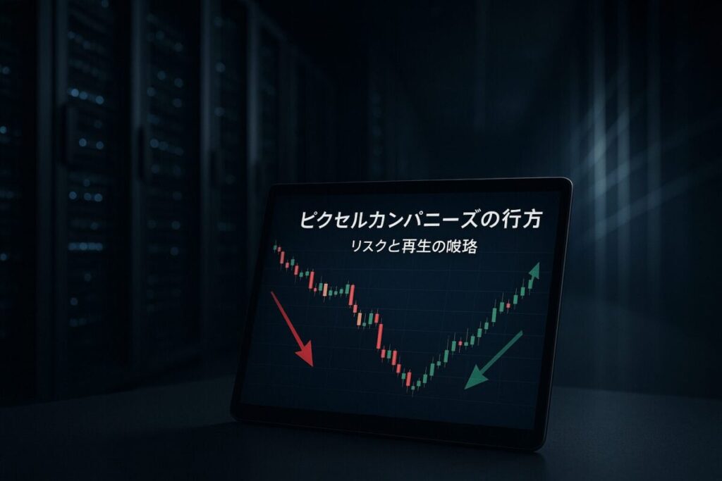 暗闇に浮かぶデータセンターと株価チャートがリスクと希望を示す。この記事のテーマである「ピクセルカンパニーズ 今後」の行方を象徴する一枚。