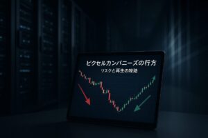暗闇に浮かぶデータセンターと株価チャートがリスクと希望を示す。この記事のテーマである「ピクセルカンパニーズ 今後」の行方を象徴する一枚。