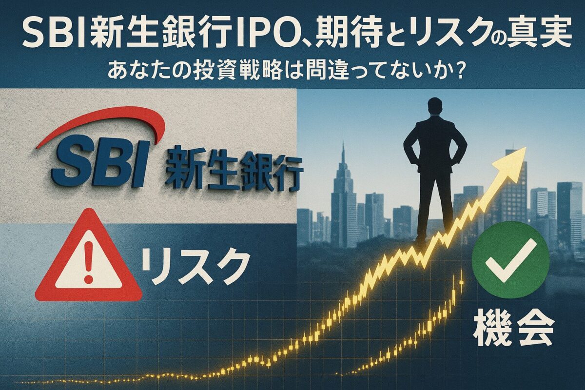 SBI新生銀行IPOのロゴと株価チャート、リスクと機会を示すマークがコラージュされた画像。この記事のテーマである「sbi新生銀行 IPO」における期待とリスクの両面から投資戦略を問いかける一枚。
