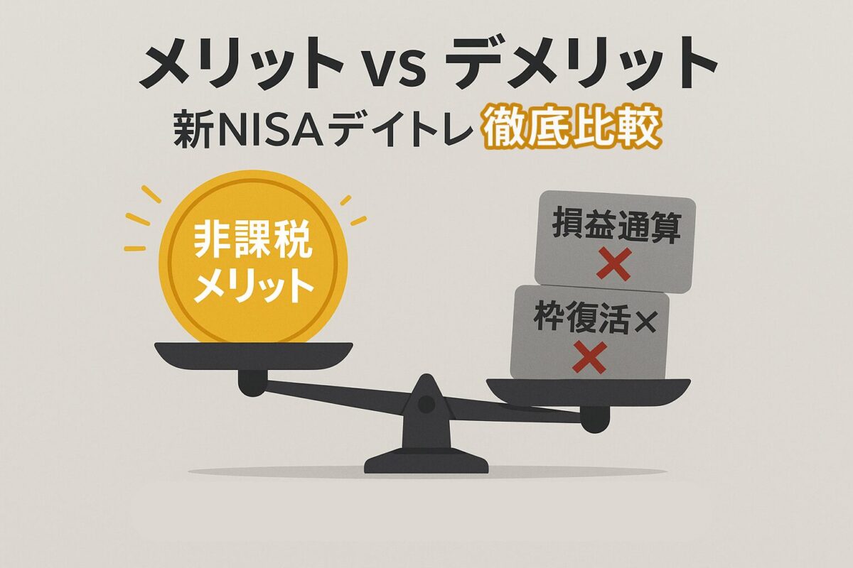 「非課税メリット」の金貨と「損益通算不可」などの重りが乗った天秤のインフォグラフィック。この記事のテーマである「新nisa デイトレ」のメリットとデメリットを公平に比較検討していることを象徴する一枚。