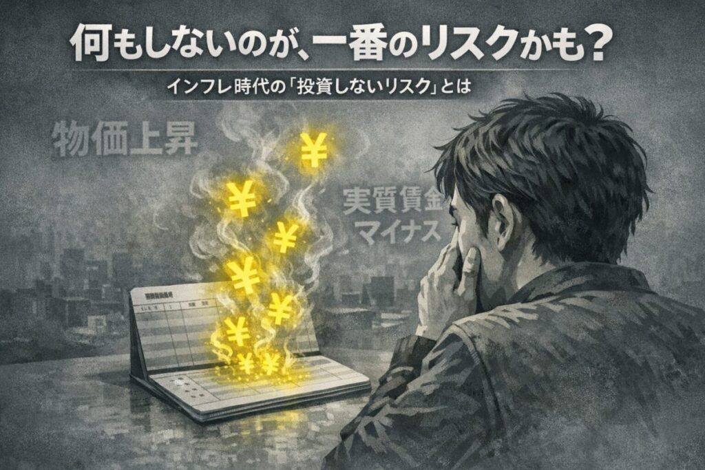 預金通帳からお金が蒸発していく様子を描いたイラスト。この記事のテーマである「新nisa やってる人 割合」を気にする以前に、投資をしないこと自体のリスクを問いかける一枚。