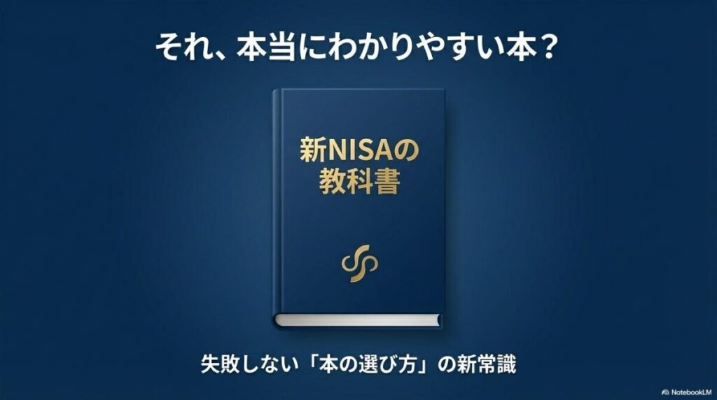 中央に「新NISAの教科書」と書かれた本が置かれているイラスト。この記事のテーマである「新nisa わかりやすい 本」の選び方を、信頼できる公的情報を基に解説することを象徴する一枚。