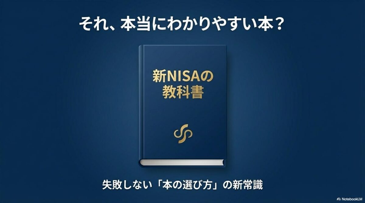 中央に「新NISAの教科書」と書かれた本が置かれているイラスト。この記事のテーマである「新nisa わかりやすい 本」の選び方を、信頼できる公的情報を基に解説することを象徴する一枚。