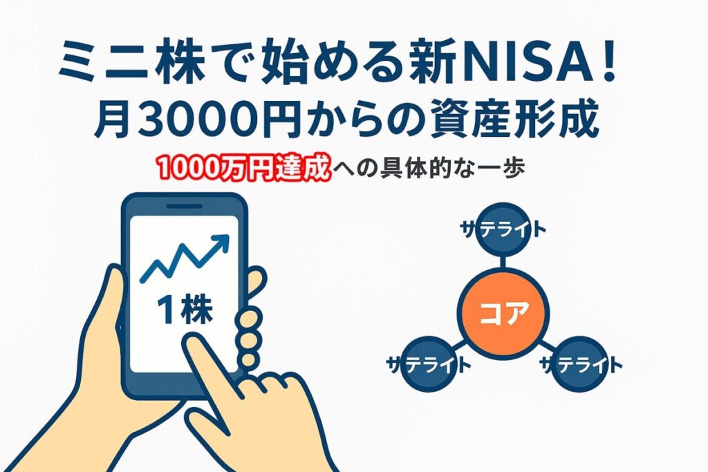 スマートフォンでミニ株取引を行うイラストと、コア・サテライト戦略の概念図。この記事のテーマである「新nisa 1000万円 シミュレーション」を月3000円から手軽に始める具体的な方法を視覚的に示す一枚。