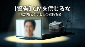 スポットライトを浴びる華やかなテレビモニターとその背後に潜む法的な影。この記事のテーマである「みんなで大家さん cm 責任」について、広告の華やかさと法的責任の厳しさを対比させ、真実を問いかける一枚。