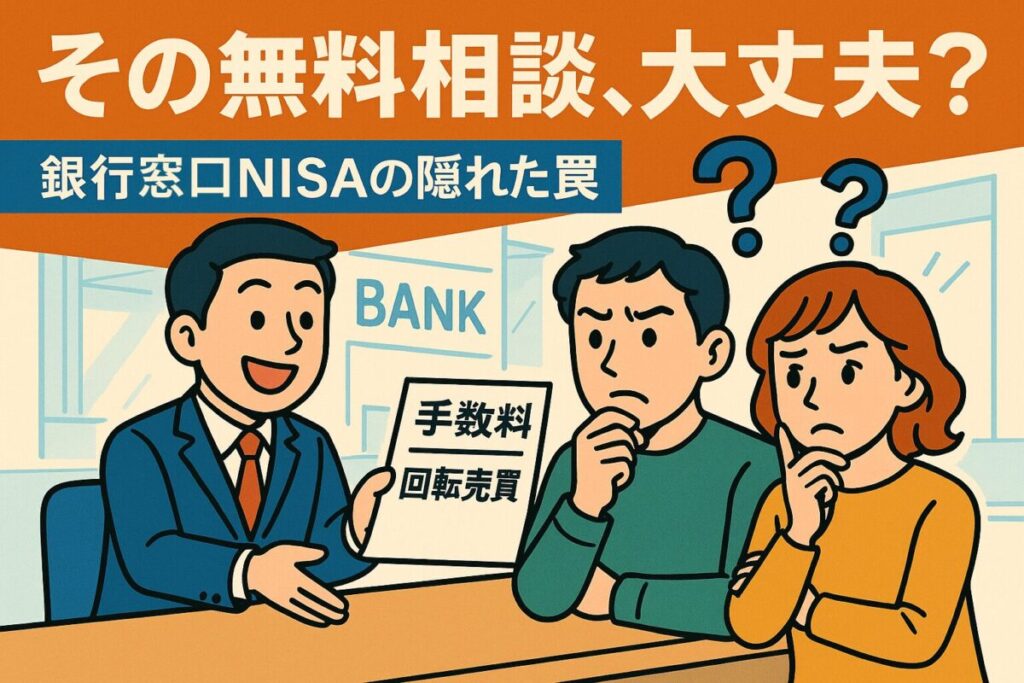 笑顔の銀行員と疑問符を浮かべる顧客のイラスト。書類には「手数料」や「回転売買」の文字。この記事のテーマである「新nisa 銀行窓口」での相談に潜む隠れたコストを象徴する一枚。