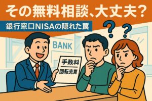 笑顔の銀行員と疑問符を浮かべる顧客のイラスト。書類には「手数料」や「回転売買」の文字。この記事のテーマである「新nisa 銀行窓口」での相談に潜む隠れたコストを象徴する一枚。